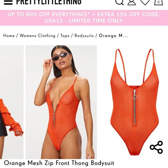NWT pretty little thing orange mesh zip front thong bodysuit - Picture 1 of 2